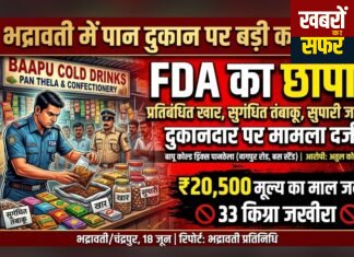 भद्रावती में पान दुकान पर खाद्य एवं औषधि प्रशासन का छापा